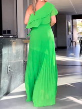 Asymmetric Plain Pleated Loose One-Shoulder Maxi Dresses
